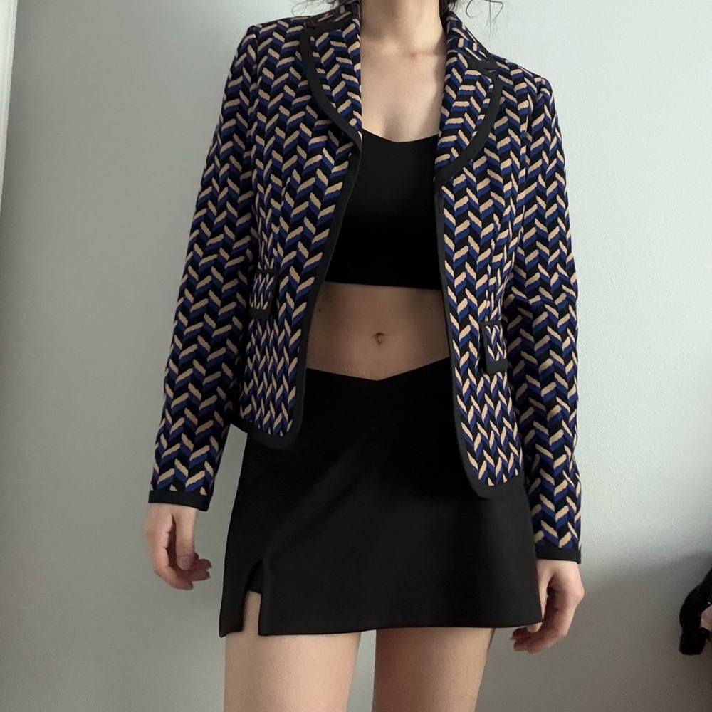 Navy, black, and beige geometric print blazer with black lining